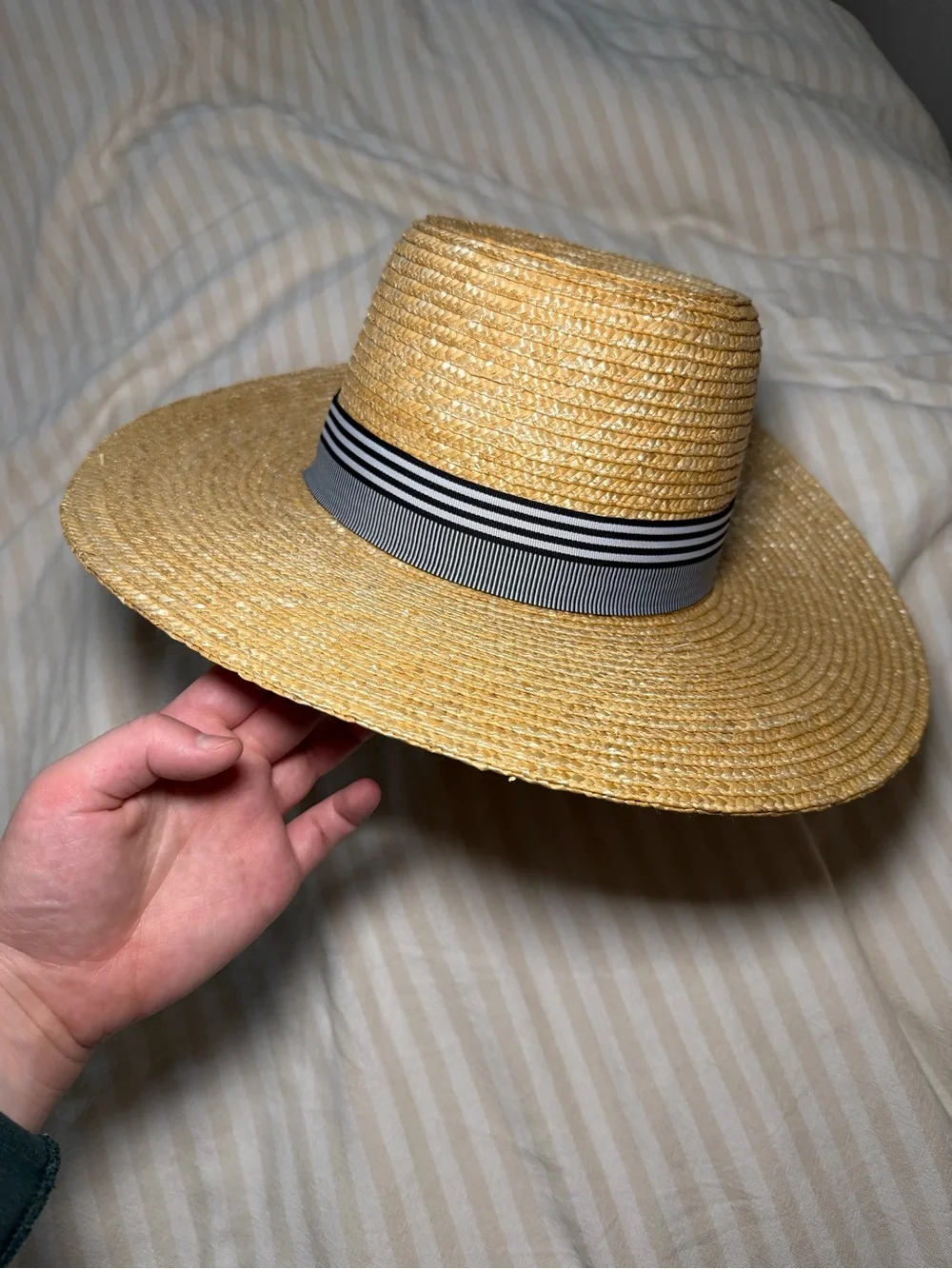 J Crew Flat Rim Hat with Black & White Band